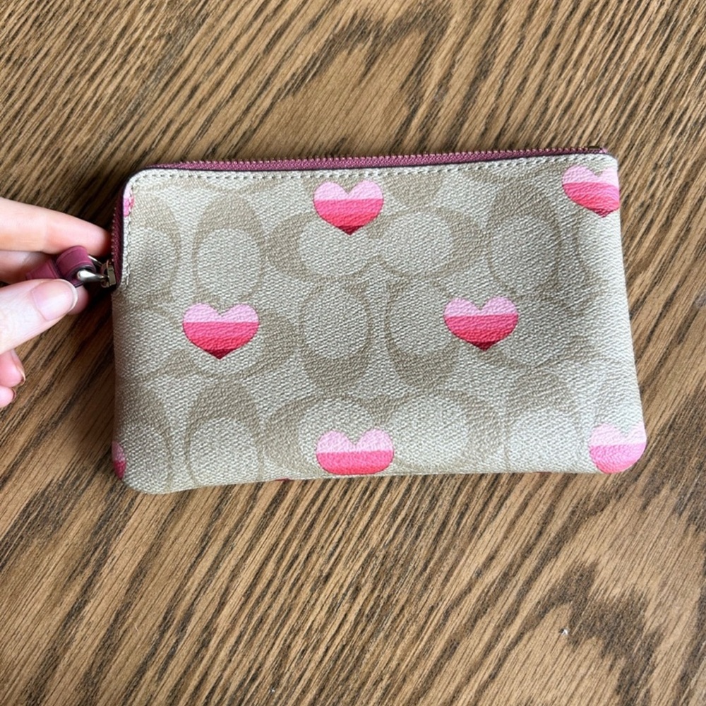 Coach Heart Pattern Beige and Pink Wristlet
